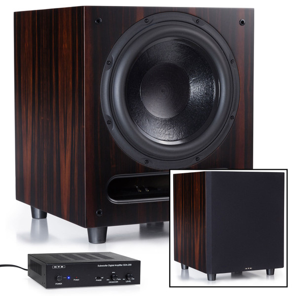 Level Three Powered Subwoofer - Macassar Ebony - Shown with amplifier and with and without grille